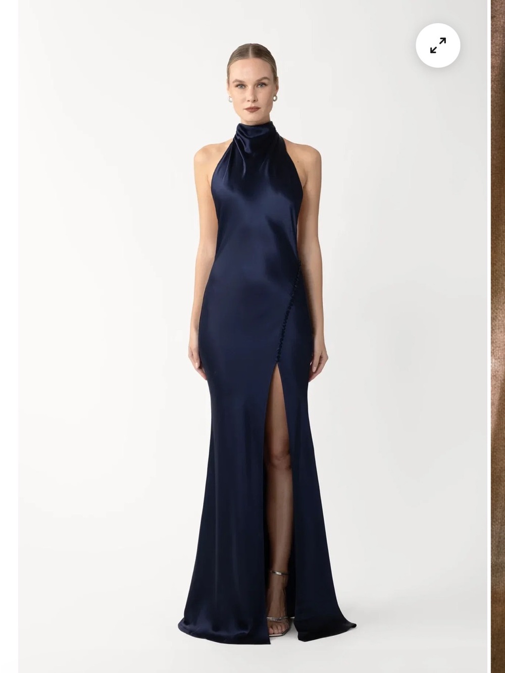 Saulee Satin High-Neck Navy Halter Maxi Dress with Front Thigh Slit
